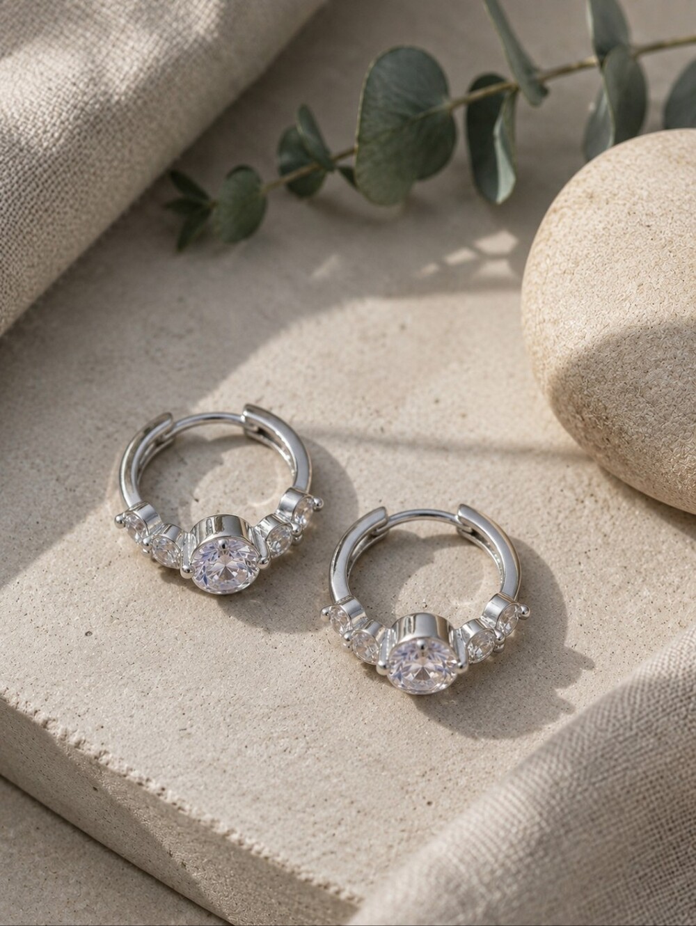 Sterling Silver Cubic Zirconia Huggie Hoop Earrings Clean Girl Silver 0.45" - Picture 13 of 15